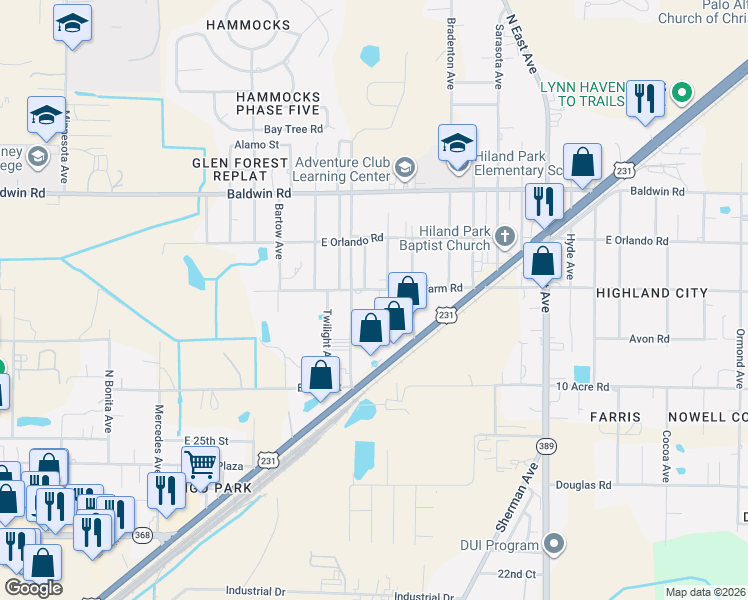 map of restaurants, bars, coffee shops, grocery stores, and more near 2306 Game Farm Road in Panama City