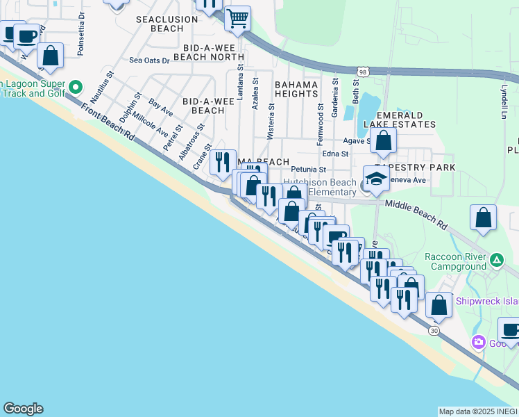 map of restaurants, bars, coffee shops, grocery stores, and more near 13410 Front Beach Road in Panama City Beach