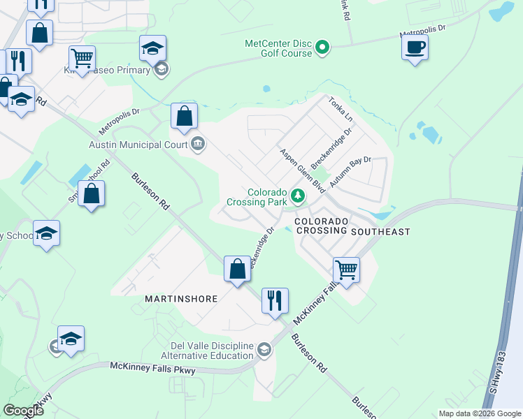 map of restaurants, bars, coffee shops, grocery stores, and more near 7221 Outfitter Drive in Austin