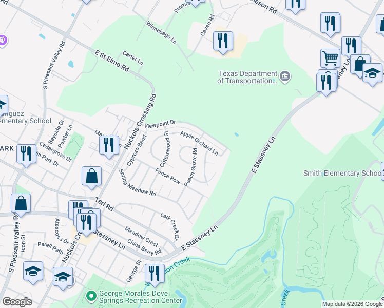 map of restaurants, bars, coffee shops, grocery stores, and more near 4605 Peach Grove Road in Austin