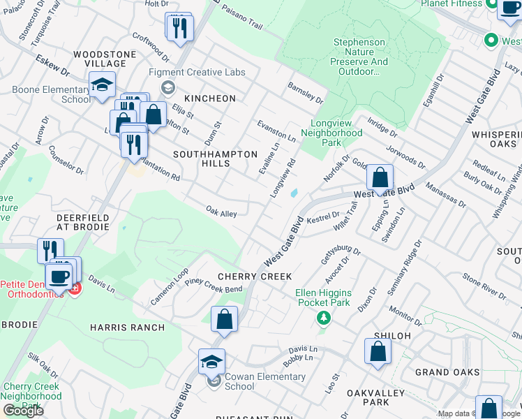 map of restaurants, bars, coffee shops, grocery stores, and more near 8203 Longview Road in Austin