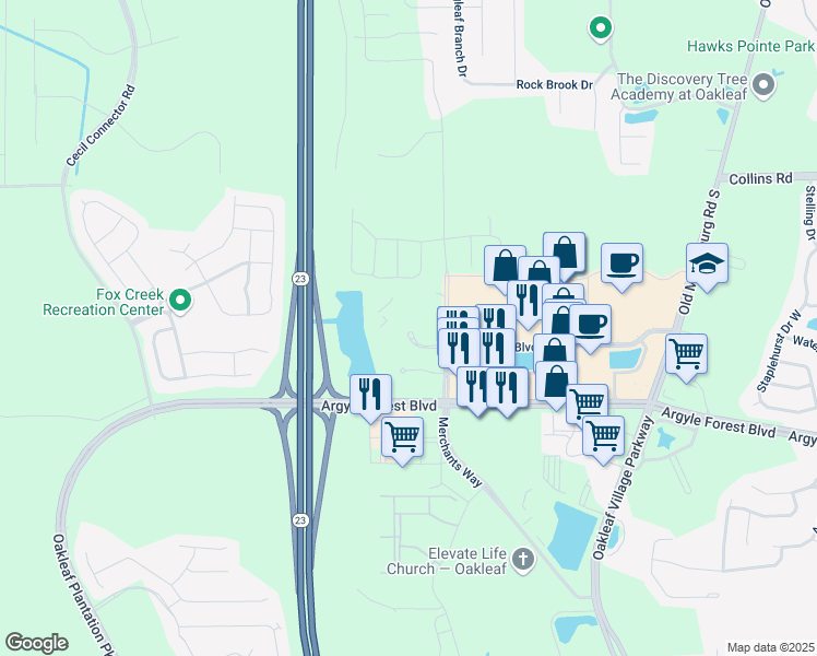 map of restaurants, bars, coffee shops, grocery stores, and more near 9849 Crosshill Boulevard in Jacksonville