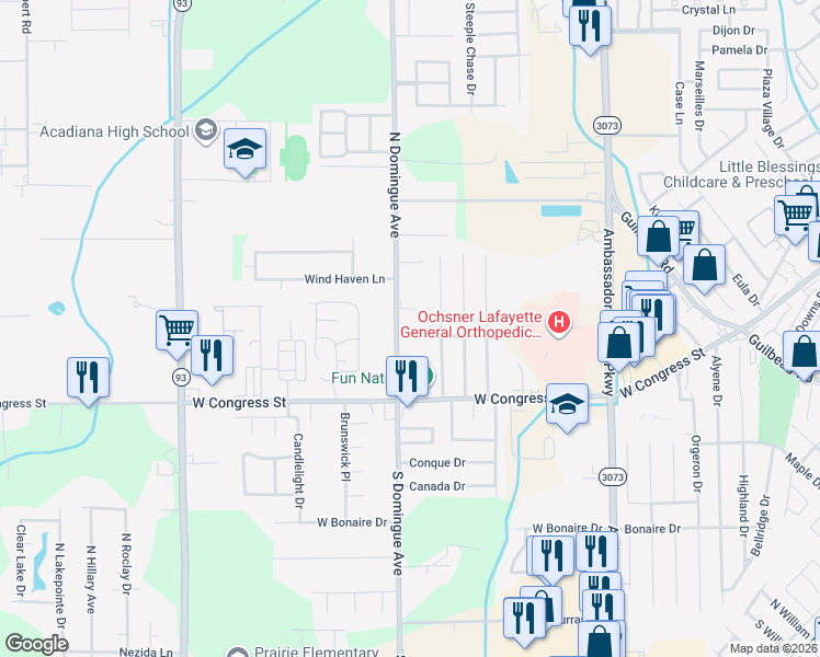 map of restaurants, bars, coffee shops, grocery stores, and more near 202 North Domingue Avenue in Lafayette