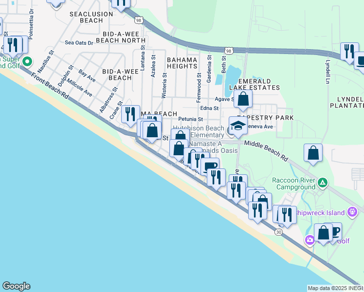 map of restaurants, bars, coffee shops, grocery stores, and more near 603 Dogwood Street in Panama City Beach