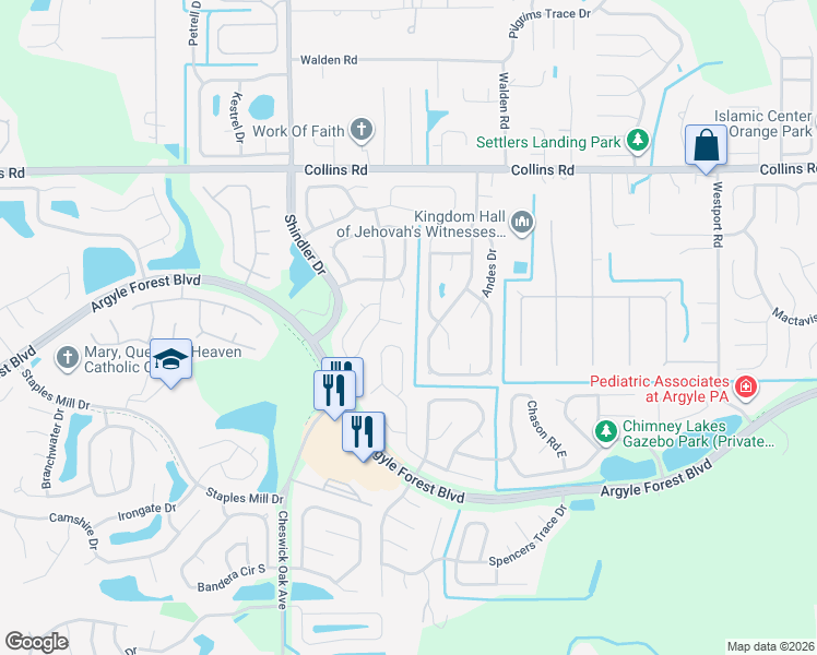 map of restaurants, bars, coffee shops, grocery stores, and more near 8426 Weather Vane Court in Jacksonville