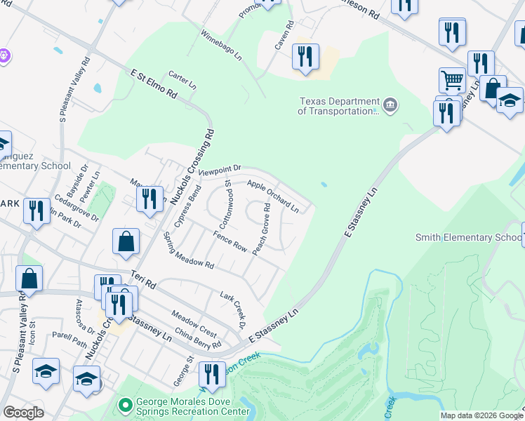 map of restaurants, bars, coffee shops, grocery stores, and more near 4605 Peach Grove Road in Austin