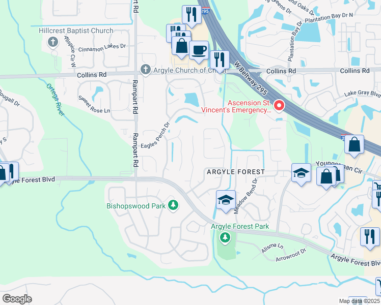 map of restaurants, bars, coffee shops, grocery stores, and more near 8366 Candlewood Cove Trail in Jacksonville