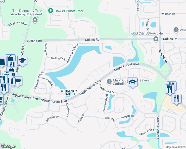 map of restaurants, bars, coffee shops, grocery stores, and more near 9549 Staples Mill Drive in Jacksonville