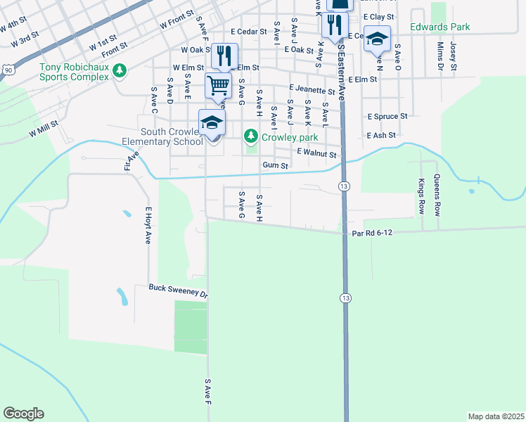 map of restaurants, bars, coffee shops, grocery stores, and more near 211 East Lovell Street in Crowley