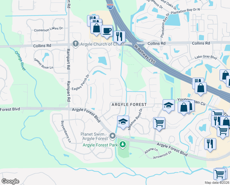 map of restaurants, bars, coffee shops, grocery stores, and more near 8184 Coralberry Lane in Jacksonville
