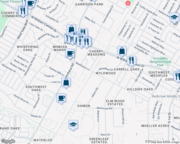 map of restaurants, bars, coffee shops, grocery stores, and more near 1701 Matthews Lane in Austin