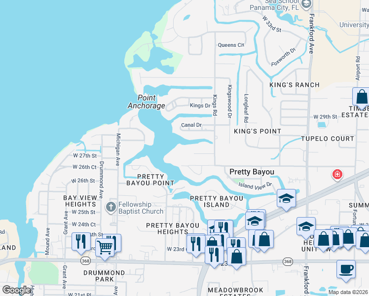 map of restaurants, bars, coffee shops, grocery stores, and more near 3030 West 27th Court in Panama City