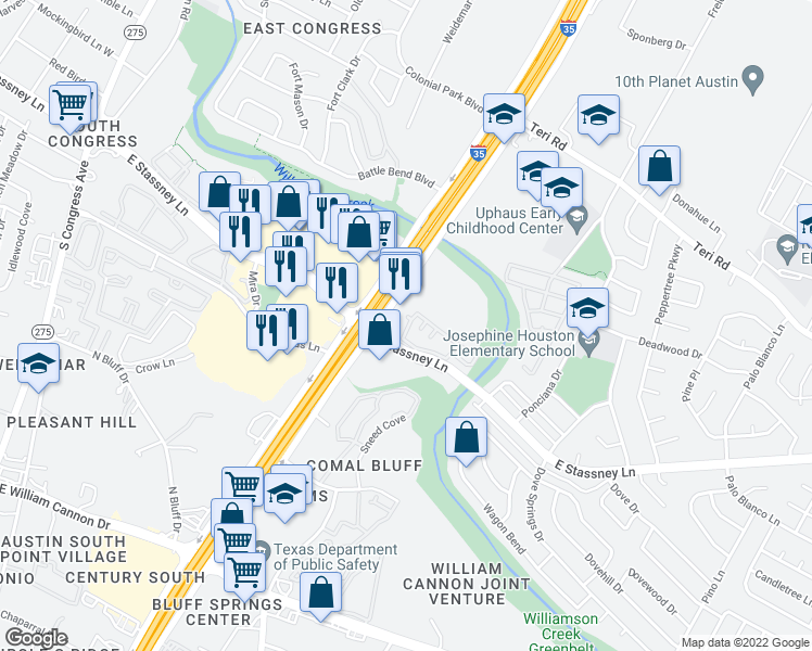 map of restaurants, bars, coffee shops, grocery stores, and more near 1800 East Stassney Lane in Austin