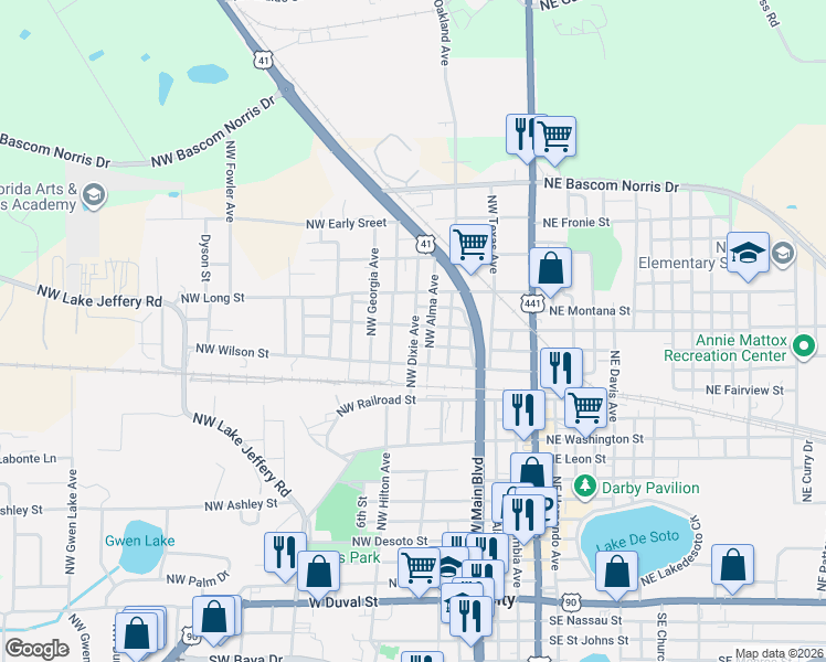 map of restaurants, bars, coffee shops, grocery stores, and more near 683 Northwest Florida Avenue in Lake City