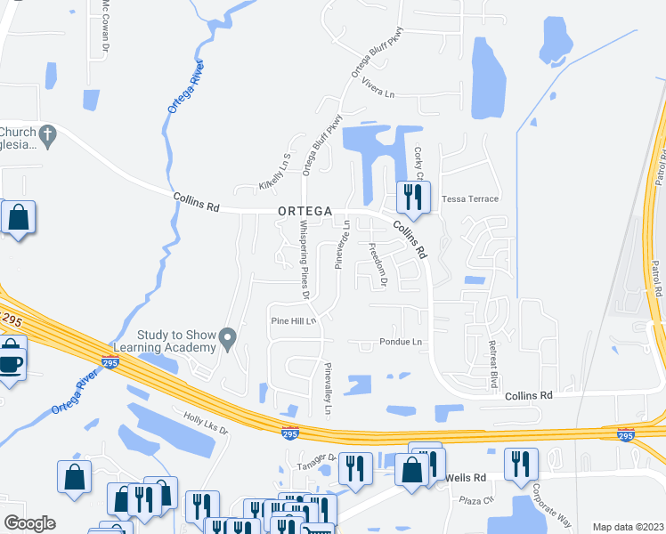 map of restaurants, bars, coffee shops, grocery stores, and more near 8372 Pineverde Lane in Jacksonville