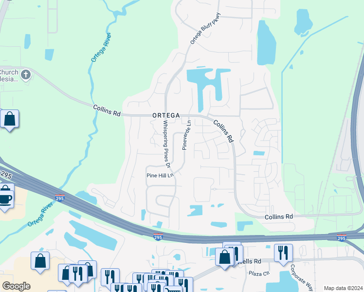 map of restaurants, bars, coffee shops, grocery stores, and more near 8430 Pineverde Lane in Jacksonville