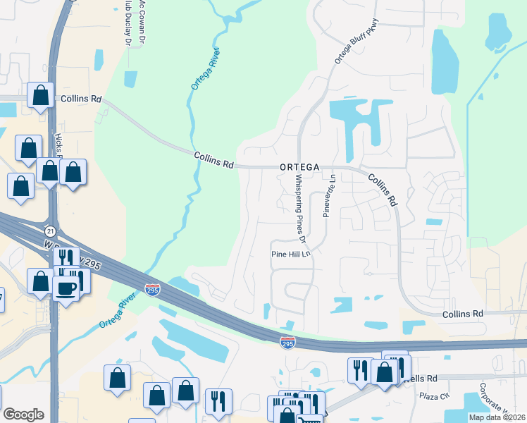 map of restaurants, bars, coffee shops, grocery stores, and more near 5557 Oak Crossing Drive in Jacksonville