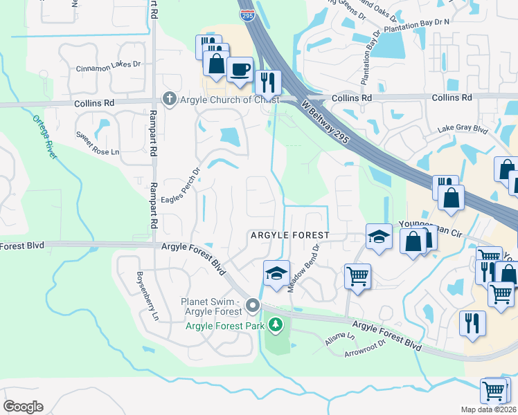 map of restaurants, bars, coffee shops, grocery stores, and more near 8184 Coralberry Lane in Jacksonville