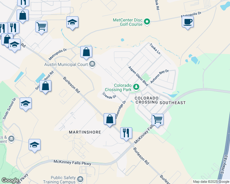 map of restaurants, bars, coffee shops, grocery stores, and more near 4200 Creede Drive in Austin