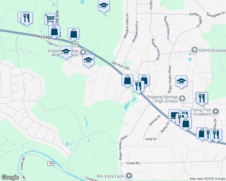 map of restaurants, bars, coffee shops, grocery stores, and more near 281B Rose Drive in Dripping Springs
