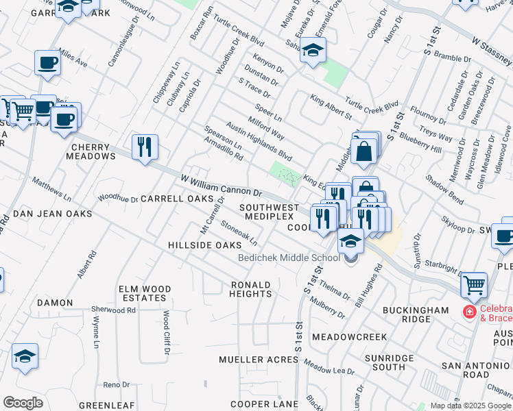 map of restaurants, bars, coffee shops, grocery stores, and more near 1015 West William Cannon Drive in Austin