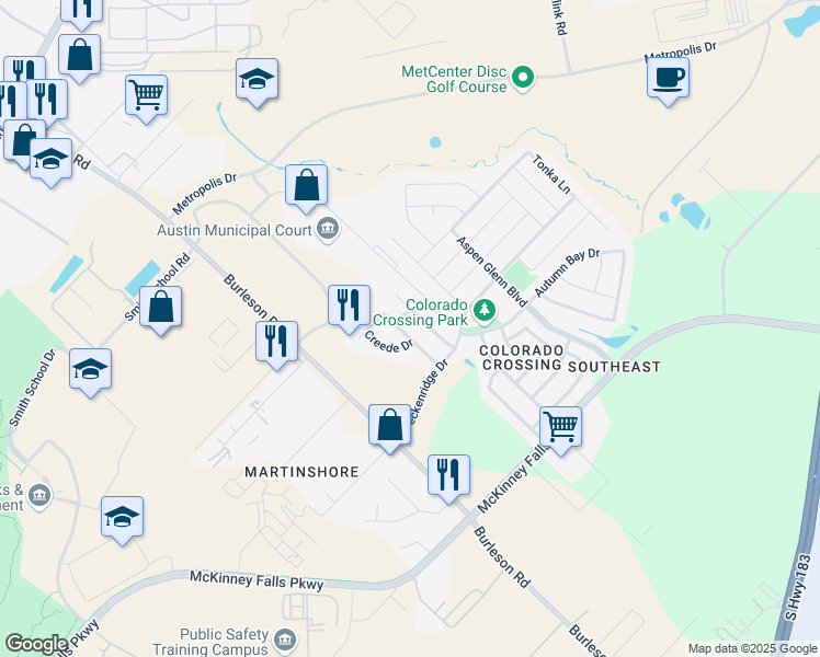 map of restaurants, bars, coffee shops, grocery stores, and more near 4200 Creede Drive in Austin