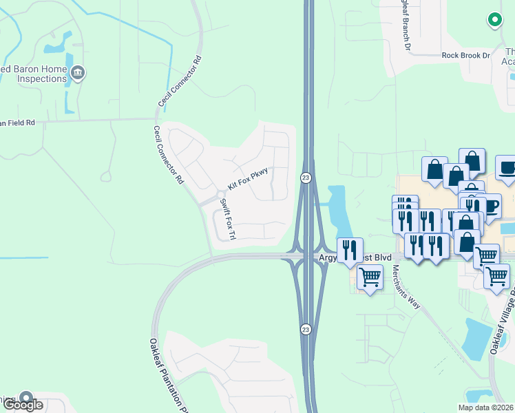 map of restaurants, bars, coffee shops, grocery stores, and more near 10049 Andean Fox Drive in Jacksonville