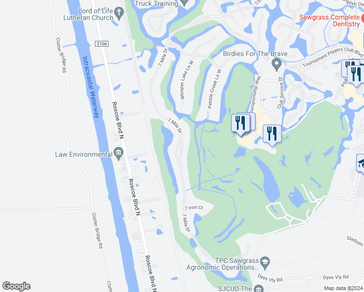 map of restaurants, bars, coffee shops, grocery stores, and more near 7 Mile Drive in Ponte Vedra Beach