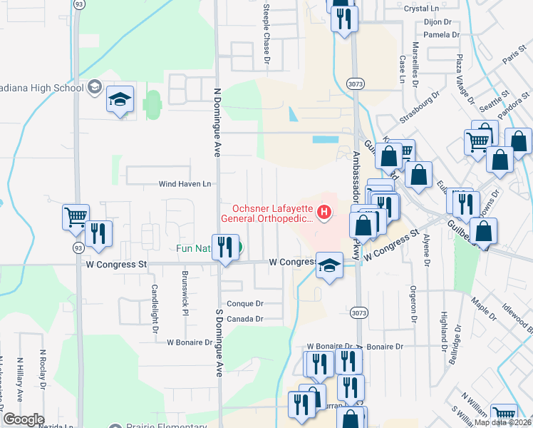 map of restaurants, bars, coffee shops, grocery stores, and more near Winn Drive in Lafayette