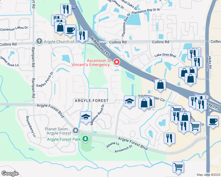 map of restaurants, bars, coffee shops, grocery stores, and more near 8168 Honeysuckle Lane in Jacksonville