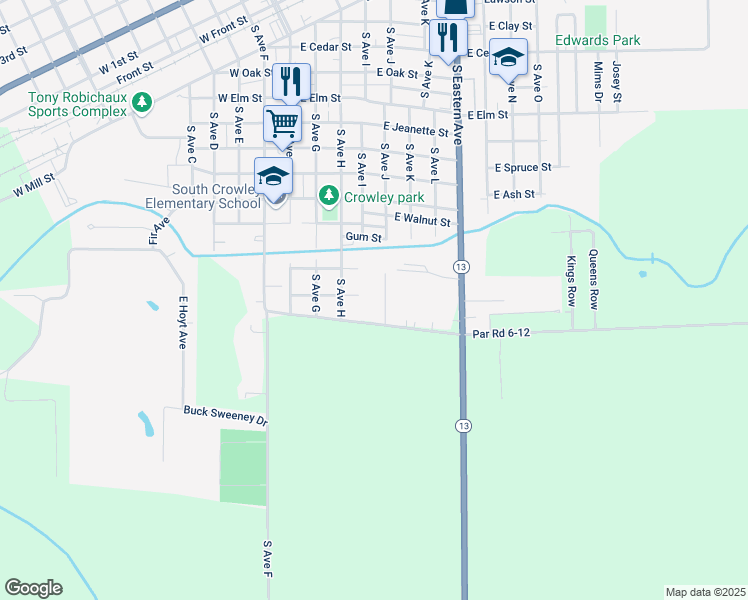 map of restaurants, bars, coffee shops, grocery stores, and more near 317 Lovell Street in Crowley