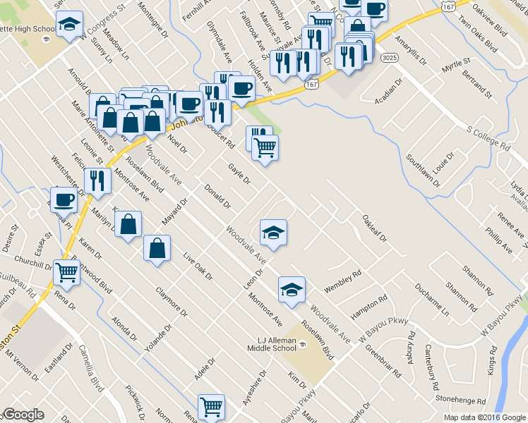 map of restaurants, bars, coffee shops, grocery stores, and more near 119 Club View Drive in Lafayette
