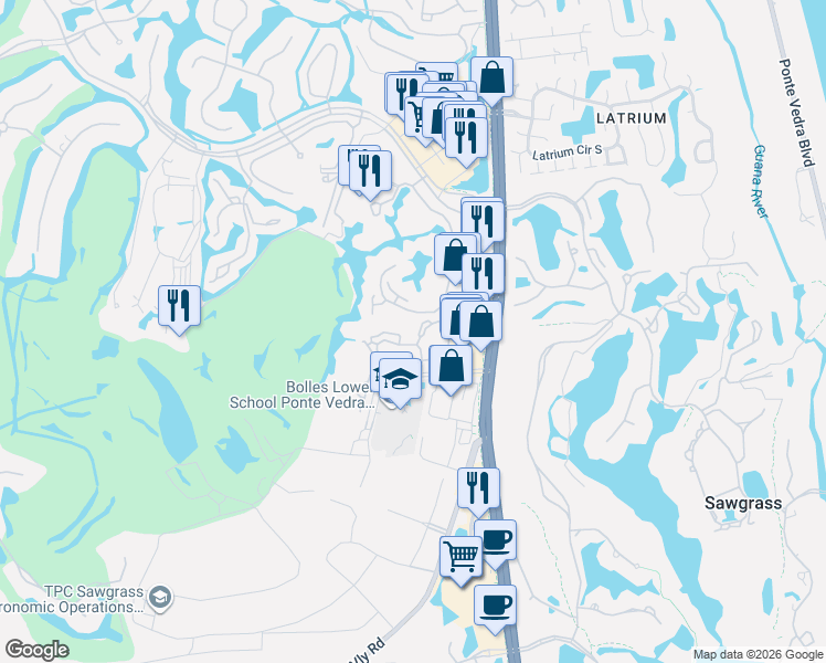 map of restaurants, bars, coffee shops, grocery stores, and more near 201 Atp Tour Boulevard in Ponte Vedra Beach