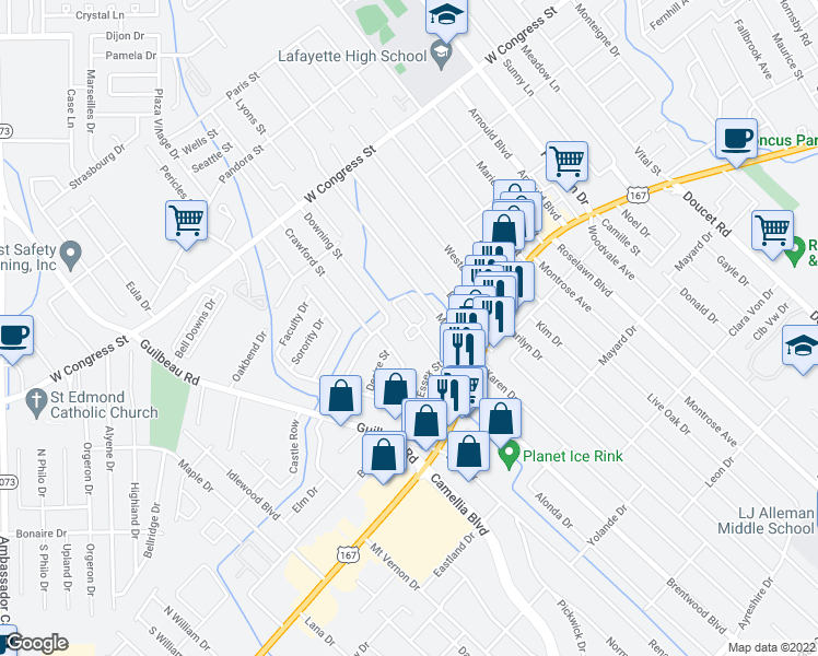 map of restaurants, bars, coffee shops, grocery stores, and more near 420 West Brentwood Boulevard in Lafayette