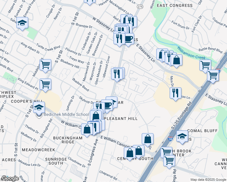 map of restaurants, bars, coffee shops, grocery stores, and more near 6307 South Congress Avenue in Austin