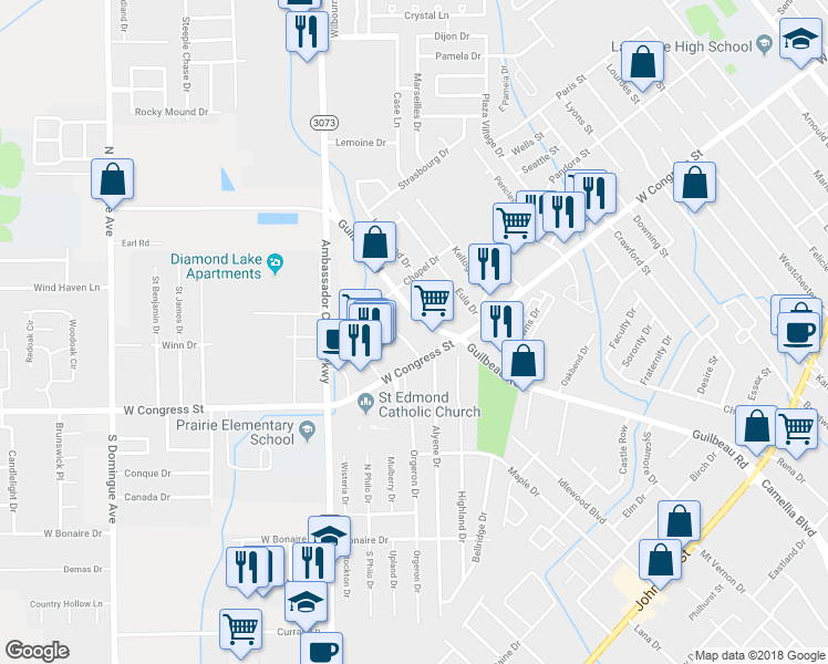map of restaurants, bars, coffee shops, grocery stores, and more near 503 Guilbeau Road in Lafayette