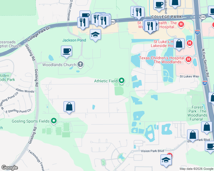 map of restaurants, bars, coffee shops, grocery stores, and more near 17793 East Loop Road in Conroe