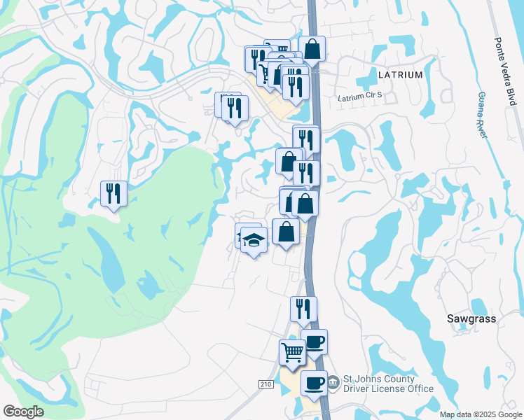 map of restaurants, bars, coffee shops, grocery stores, and more near 201 Atp Tour Boulevard in Ponte Vedra Beach