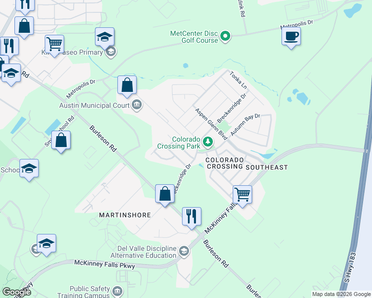 map of restaurants, bars, coffee shops, grocery stores, and more near 7204 Outfitter Drive in Austin