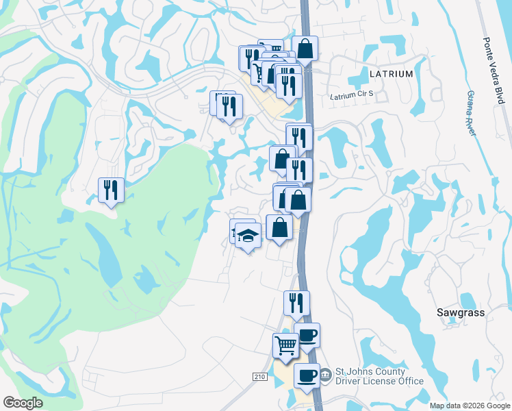 map of restaurants, bars, coffee shops, grocery stores, and more near 201 Atp Tour Boulevard in Ponte Vedra Beach
