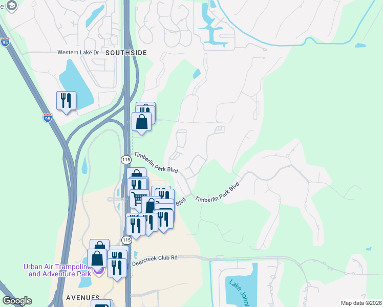 map of restaurants, bars, coffee shops, grocery stores, and more near 7701 Timberlin Park Boulevard in Jacksonville