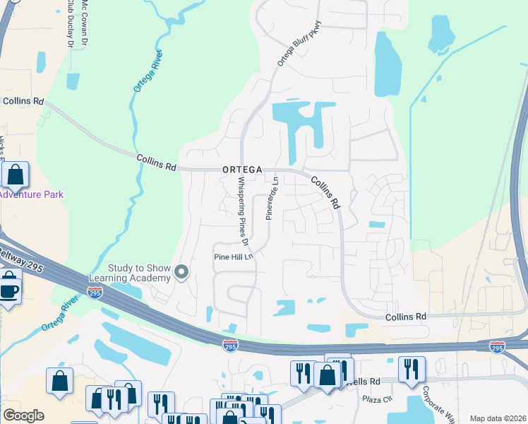 map of restaurants, bars, coffee shops, grocery stores, and more near 8430 Pineverde Lane in Jacksonville