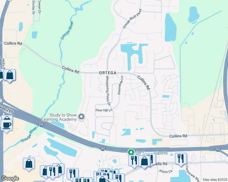 map of restaurants, bars, coffee shops, grocery stores, and more near 8430 Pineverde Lane in Jacksonville