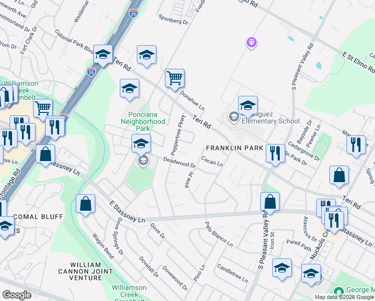 map of restaurants, bars, coffee shops, grocery stores, and more near 2212 Deadwood Drive in Austin