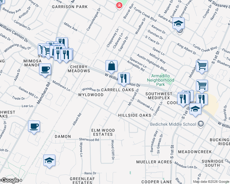 map of restaurants, bars, coffee shops, grocery stores, and more near 7000 Meadow Run in Austin