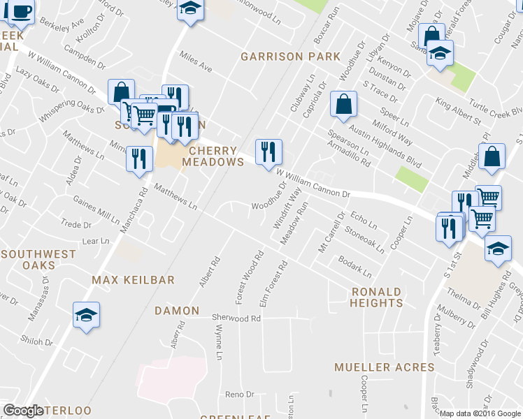 map of restaurants, bars, coffee shops, grocery stores, and more near 7010 Windrift Way in Austin