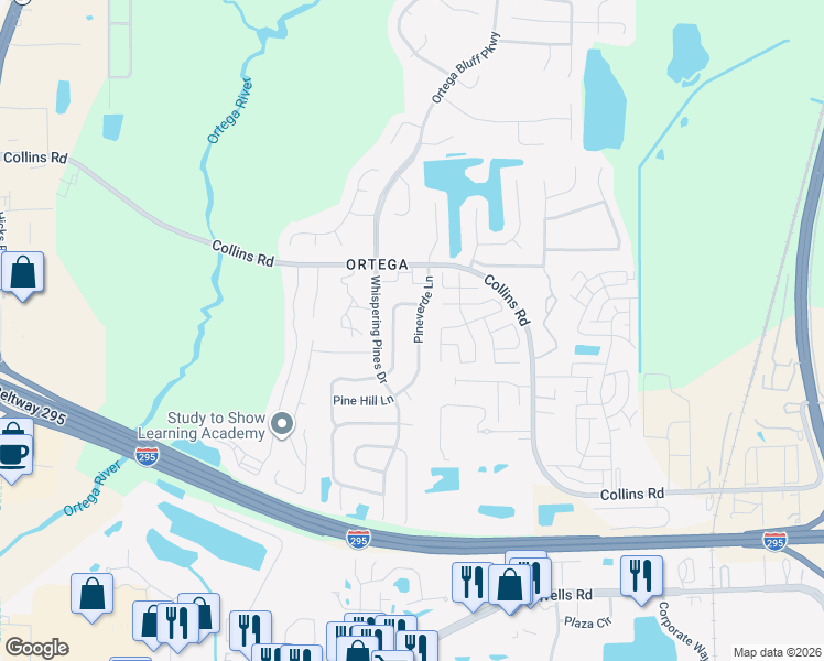 map of restaurants, bars, coffee shops, grocery stores, and more near 8360 Pineverde Lane in Jacksonville
