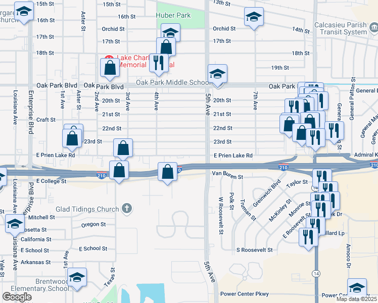map of restaurants, bars, coffee shops, grocery stores, and more near 2116 East Prien Lake Road in Lake Charles