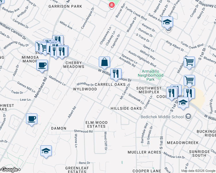 map of restaurants, bars, coffee shops, grocery stores, and more near 7000 Meadow Run in Austin