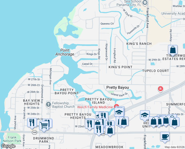 map of restaurants, bars, coffee shops, grocery stores, and more near 2924 West 27th Court in Panama City